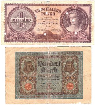 1920 Germany 100 Mark,  Hungary 1 Million Note. photo