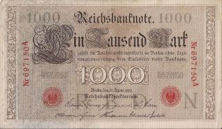 Bank Of Germany=1910 1000 Marks Red Seal P - 44 Aunc photo