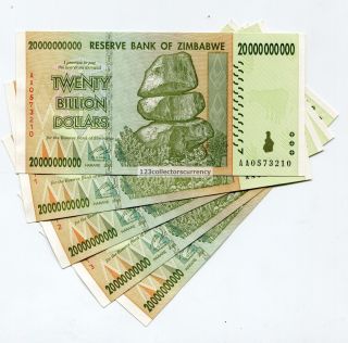 Zimbabwe 2008 20 Billion Money Banknote Au - P 86 Inflation Currency X 5 photo
