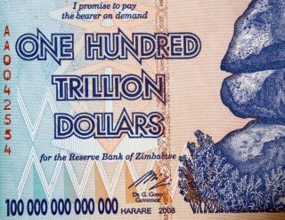 Zimbabwe 100 Trillion Dollar Bill 2008 Historical High Inflation Banknote photo