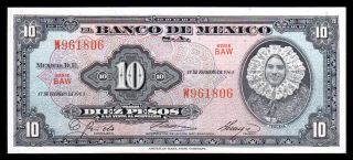 El Banco De Mexico 10 Pesos 17.  2.  1965 Series Baw,  P - 58k.  Au. photo