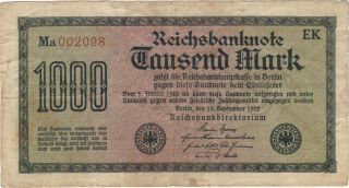 1922 1000 Mark Germany Reichsbanknote Currency Note German Banknote Bill Money photo