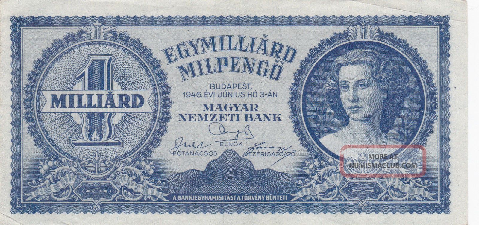 1000 000 000 Milpengo 1946 From Hungary,  Vf,  Crispy Historic Note Europe photo