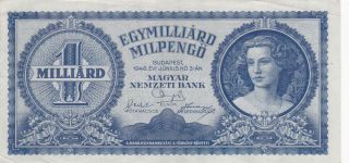 1000 000 000 Milpengo 1946 From Hungary,  Vf,  Crispy Historic Note photo