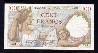 100 Francs Sully 22 - 6 - 1939 Wwii Banque De France photo