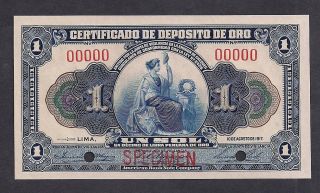 Peru Certificado De Deposito De Oro 1 Sol 10 - 8 - 1917 P31s Specimen Uncirculated photo