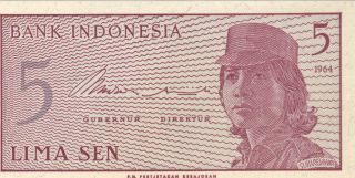 1964 5 Lima Sen Indonesia Currency Gem Unc Banknote Note Money Bank Bill Cash photo