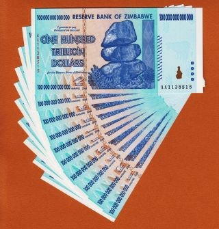 Zimbabwe 10 Consecutive 100 Trillion Dollars (100000000000000) 2008 Pick - 91 Unc photo