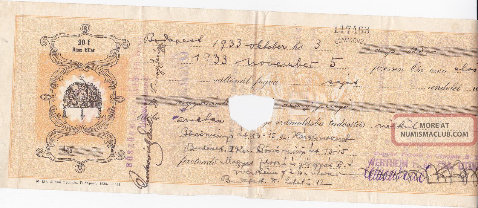 20 Filler/125 Pengo 1933 Bill Of Exchange Hungary Vf Europe photo