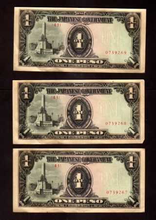 Japan - 3 X 1 - Peso 1943 - Wartime Occupation Currency With Consecutive Serials photo
