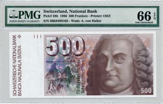 National Bank Switzerland 500 Franken 1986 Pmg 66epq photo