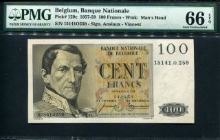 Belgium 1959,  100 Francs,  P129c,  Pmg 66 Epq Gem Unc photo