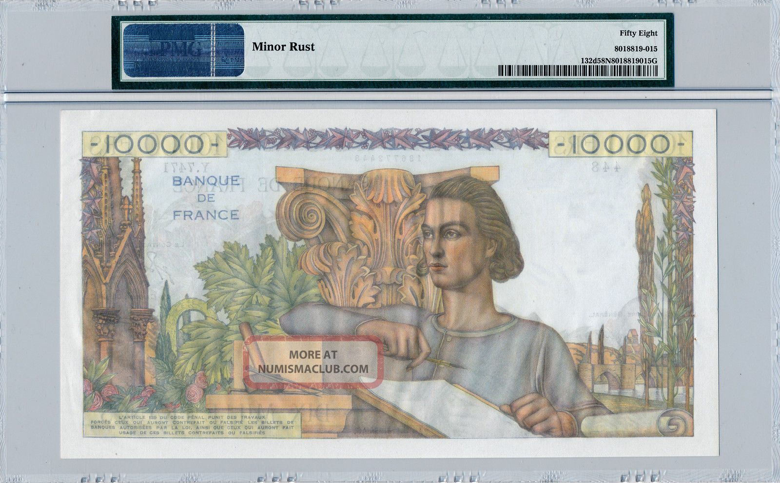 10000 Francs En Euros Banque De France France 10000 Francs 1951 - 56 Pmg 58net