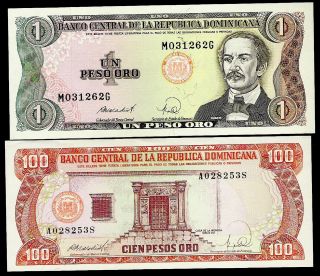 Dominican Republic - 1 & 100 Pesos - P126 & P128 - 1988 - Unc photo
