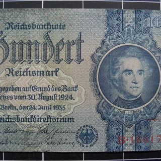 German Nazi 100 Reichsmark Note - Lg Swastika,  Sm Breast - Aged - 1935 Germany Banknote photo