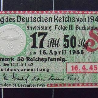 German Nazi Stock 17.  50 Mark Stamp - Embossed Swastika - Rare 1943 Unredeemed Bond photo