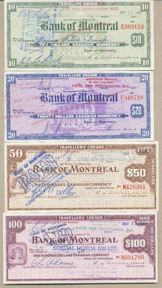 4 Travellers Cheques Bank Of Montreal Cashed 1960/1962/1964 And 1995 photo