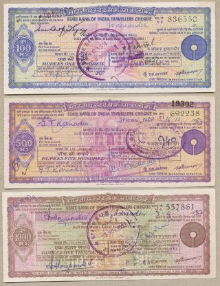 3 Travellers Cheques India Cashed In Years 1982 And 1983 100 To 1,  000 Rupees photo