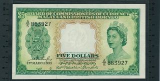 1953 Board Of Commissioners Of Currency Malaya & Borneo Qe $5 Miscut Shifting photo