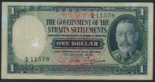 1935 The Government Of Straits Settlements King George V $1 Banknote Repaired photo