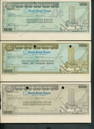 9 Traveller`s Cheques Indonesia 1990`s From 10,  000 To 10,  000,  000 Rupiahs photo
