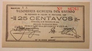 Authentic General Villa Mexican Revolutionary 25c Curreny Note photo