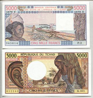 West African States 5000 Francs P - 808 Unc Chad 5000 Francs P - 11 Unc photo