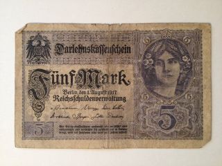 Ww1 1917 German Empire 5 Mark Loan Fund Note Darlehnskassenschein Currency Money photo