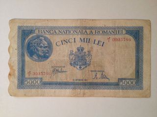 Ww2 1943 Axis Power Romania 5,  000 Lei Banknote Nazi Germany Ally Currency Money photo