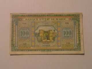 Morocco,  100 Francs,  Wwii Banknote,  P - 27 photo