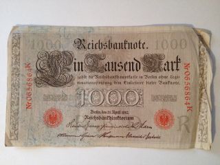 Pre Ww1 1910 Germany 1,  000 Mark Reichsbanknote German Empire Currency Red Seal photo