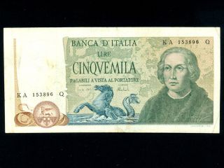 Italy:p - 102b,  5000 Lire,  1973 C.  Columbus Nr photo