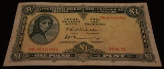 1972 Central Bank Of Ireland 1 Pound Note In Extremely photo