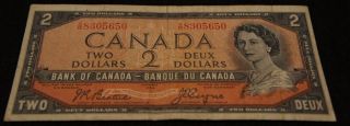 1954 Bank Of Canada 2 Dollar Note In Extremely Old Note photo