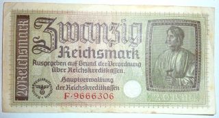 20 Reichsmark Banknote World War Ii Nazi Germany W/ Swastika & Eagle Mark photo