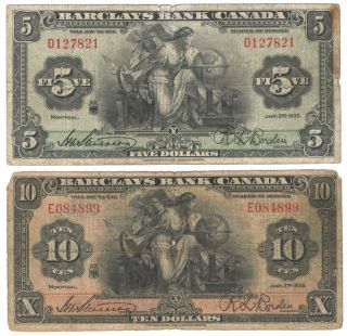 Canada Barclay ' S Bank $5 & $10 1935 photo