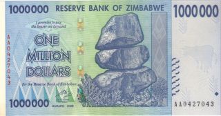 2008 1 One Million Dollars Zimbabwe Currency Unc Banknote Note Money Bill Cash photo