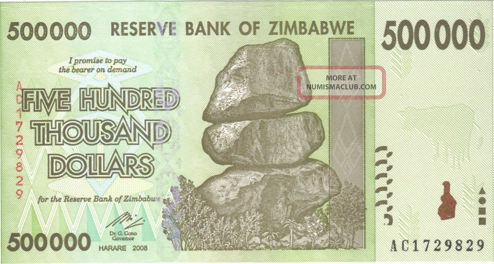 2008 500 000 Dollars Zimbabwe Currency Unc Banknote Note Money Bill Cash Africa