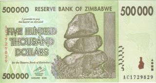 2008 500,  000 Dollars Zimbabwe Currency Unc Banknote Note Money Bill Cash Africa photo
