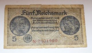 5 Reichsmark,  Nazi Germany Old Banknote Circulated Wwii photo