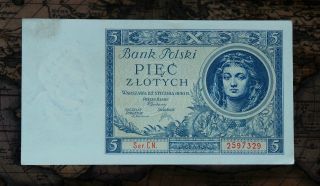 Poland 5 Zlotych 1930 Old Banknote In,  Aunc. photo