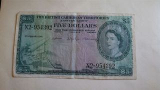 British Caribbean Territories Circulated $5 Banknote 1961 photo