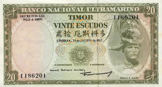 Timor 20 Escudos 1967 Crisp Uncirculated Portugal Note (stock 1429) photo