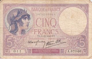 France 5 Francs P72 Circulated Banknote photo