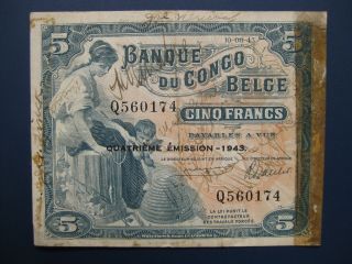 1943 Belgian Congo (africa/belgium) 5 Francs Banknote photo