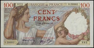 France 100 Francs Sully 1942 Xf,  Only 1 Pin Hole See Photo photo