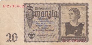 20 Reichsmark From Germany 1939 Nazi Issued Note photo