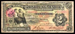 El Banco De Londres Y Mexico 2 Pesos 2.  14.  1914,  M280a / Bk - Df - 22 Fine photo