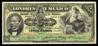 El Banco De Londres Y Mexico 5 Pesos 10.  01.  1913,  M271d / Bk - Df - 28 Vf. photo