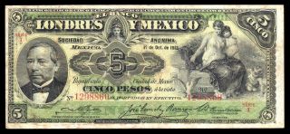 El Banco De Londres Y Mexico 5 Pesos 10.  01.  1913,  M271d / Bk - Df - 28 Fine photo